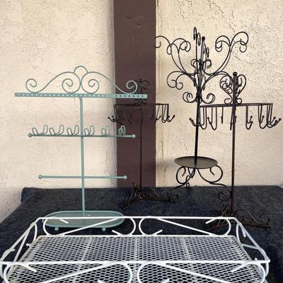 LOT 219 Group Wire Jewelry Stands And Tray Tallest 21" Tea  18x8