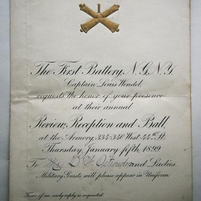 1899 1st Battery, NJ NY Invitation to Ball by Capt. Lewis Wendel