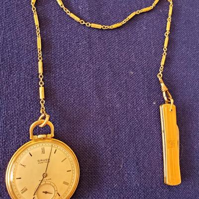 Gruen Very Thin Pocketwatch, Chain, and Knife