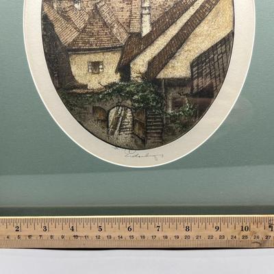 Retro Framed Matte & Signed Lithograph of European Style Town Landscape