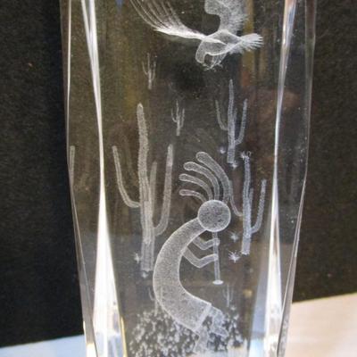 Kokopelli In The Desert With Sun 3D Etched Carved Crystal Art Glass