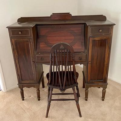 1920's Slant Front Federal Style Secretary Writing Desk and Matching Chair - ARCADIA