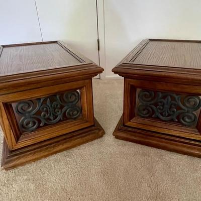 Pair of Oak Wood & Iron Rectangular End Side Tables - ARCADIA