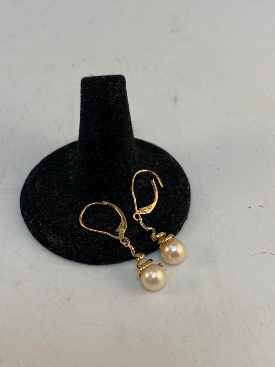 14k Yellow Gold & Pearl Twisted Dangling Lobster Claw Earrings