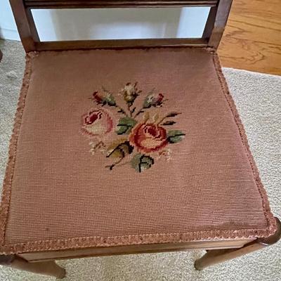 Vintage Wood Slat Back Side Dining Desk Chair with Floral Embroidered Seat - ARCADIA