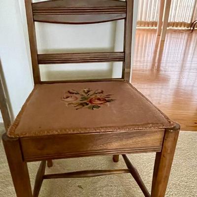 Vintage Wood Slat Back Side Dining Desk Chair with Floral Embroidered Seat - ARCADIA