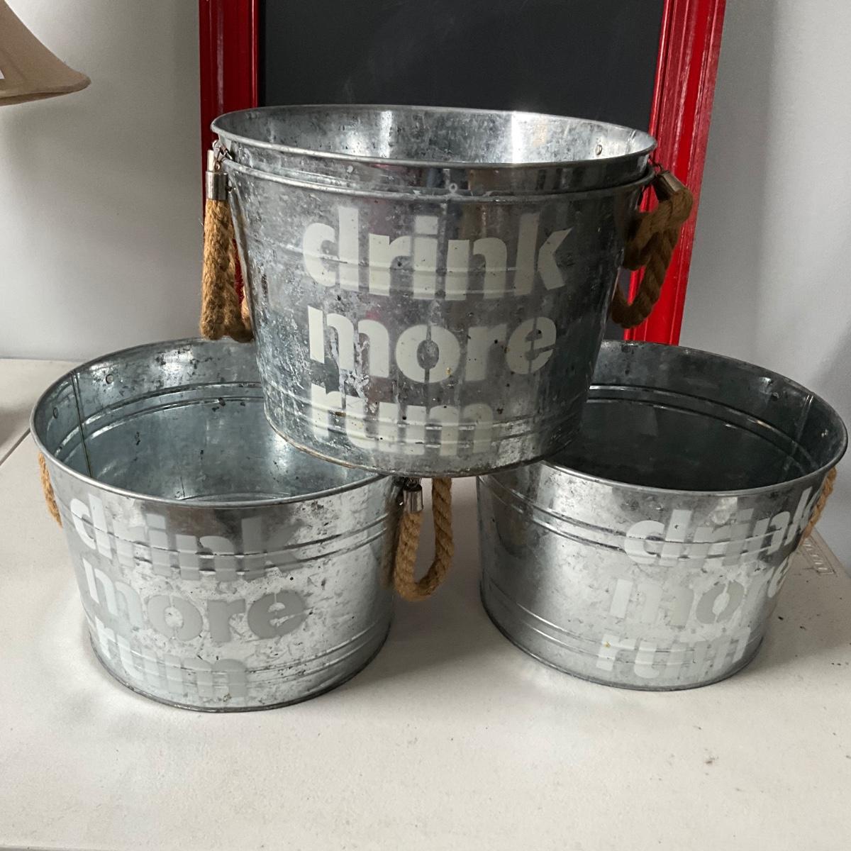 466 Lot of 4 Drink More Rum Steel Rope Handle Buckets