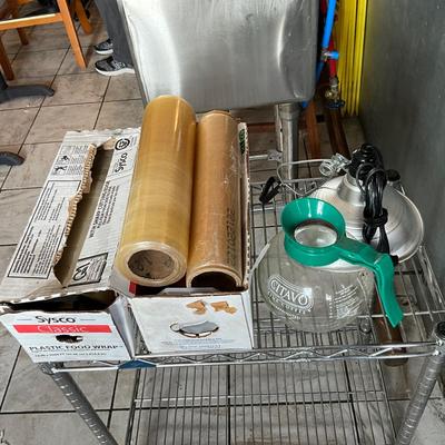534 Lot of Saran Wrap and Coffee pot and metal clip on light