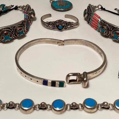 Southwestern Turquoise, Coral, and Sterling Silver Jewelry/Accessories Lot