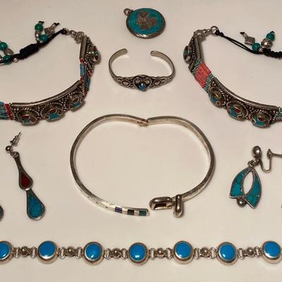 Southwestern Turquoise, Coral, and Sterling Silver Jewelry/Accessories Lot