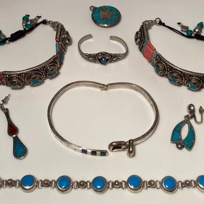 Southwestern Turquoise, Coral, and Sterling Silver Jewelry/Accessories Lot