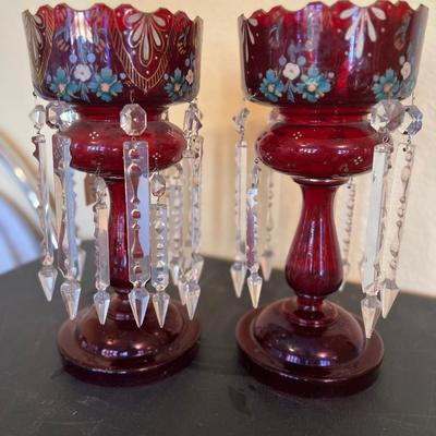 Pair of Ruby Red Cranberry Bohemian Crystal Lustres