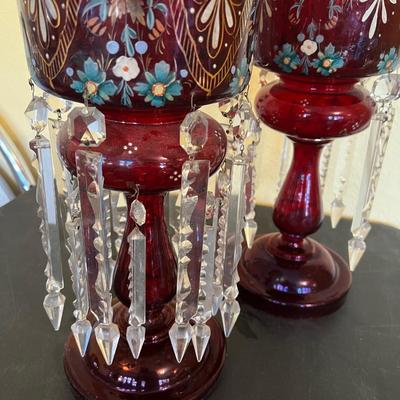 Pair of Ruby Red Cranberry Bohemian Crystal Lustres
