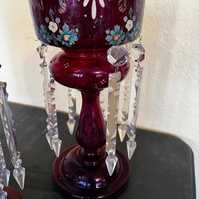 Pair of Ruby Red Cranberry Bohemian Crystal Lustres