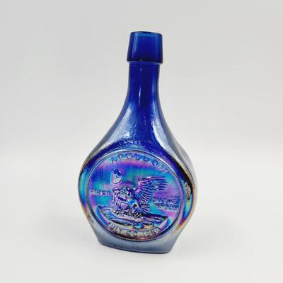 VINTAGE WHEATON GLASS SPACEFLIGHT APOLLO 11 BLUE CARNIVAL GLASS DECANTER