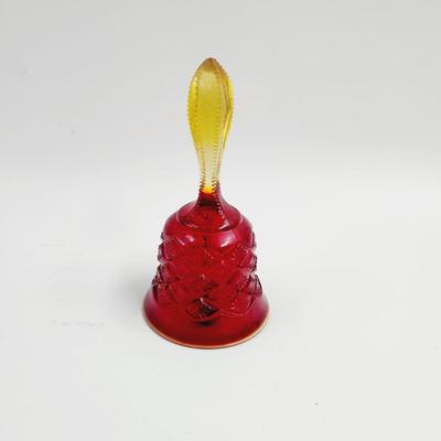 VINTAGE RED GLASS BELL WITHE DIAMOND PATTERN & AMBERINA GLASS HANDLE