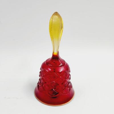 VINTAGE RED GLASS BELL WITHE DIAMOND PATTERN & AMBERINA GLASS HANDLE