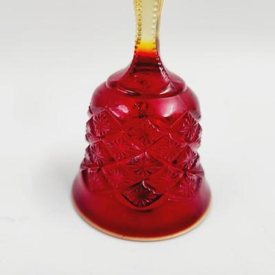 VINTAGE RED GLASS BELL WITHE DIAMOND PATTERN & AMBERINA GLASS HANDLE