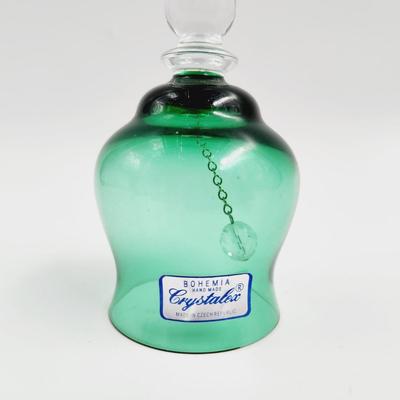 VINTAGE BOHEMIA HANDMADE CHEZ CRYSTALEX GREEN & CLEAR BELL