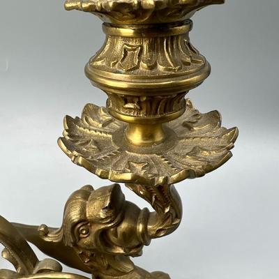 Antique Victorian Gothic Brass Metal Griffin Dragon Winged Lion Holding Candle Sconce in Mouth