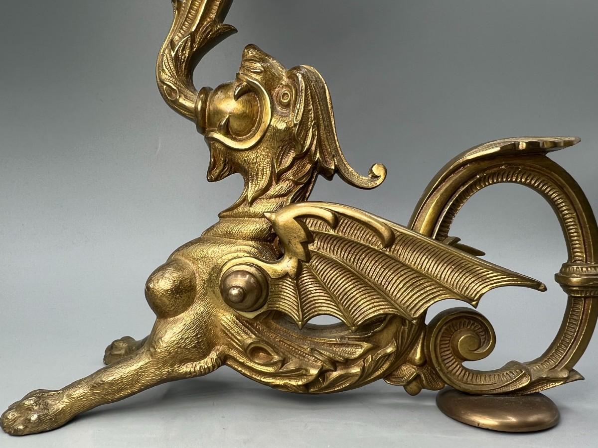 Antique Victorian Gothic Brass Metal Griffin Dragon Winged Lion Holding  Candle Sconce in Mouth