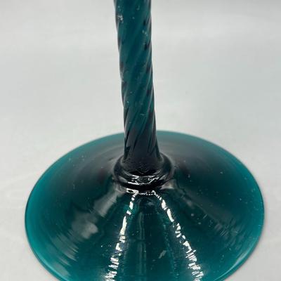 Mid-Century Empoli Vase Hurricane Art Glass Deep Teal Turquoise Blue Glass Ribbed Tulip Pedestal Candle Holder