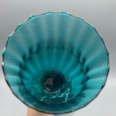 Mid-Century Empoli Vase Hurricane Art Glass Deep Teal Turquoise Blue Glass Ribbed Tulip Pedestal Candle Holder