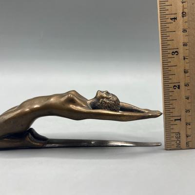 Vintage Art Nouveau Brass Bronze Nude Woman on Knees Laying Back Letter Opener