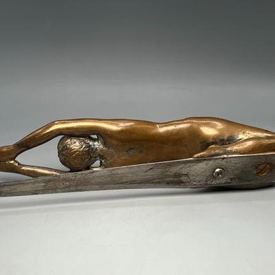 Vintage Art Nouveau Brass Bronze Nude Woman on Knees Laying Back Letter Opener