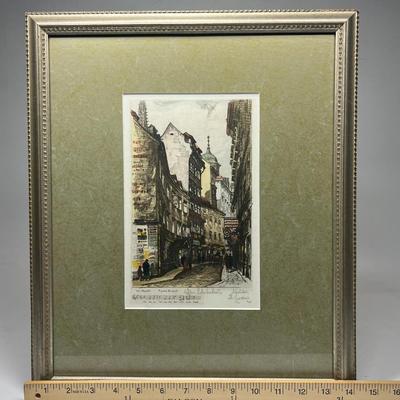 Vintage Framed Colorized Etching Print Mozart Street Scene Artist Signed