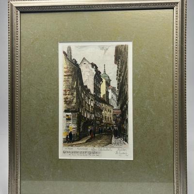 Vintage Framed Colorized Etching Print Mozart Street Scene Artist Signed