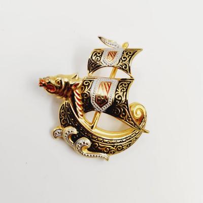 BEAUTIFUL SPAIN GOLD TONED HAND PAINTED SHIP BROOCH