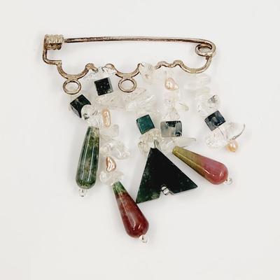 SILVER PLATED NATURAL STONE HANDCRAFTED PIN