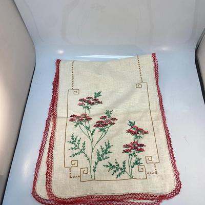 Vintage Linen Table Runner Hand Stitched Red Floral Pattern