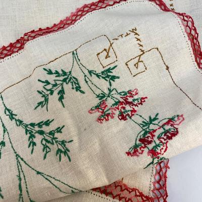 Vintage Linen Table Runner Hand Stitched Red Floral Pattern