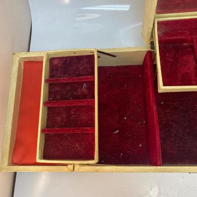 Vintage Tiered Off White with Red Velvet Lining Mirrored Lid Jewelry Box