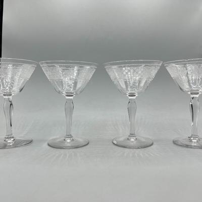 Set of 4 Vintage Etched Champagne Wine Glasses