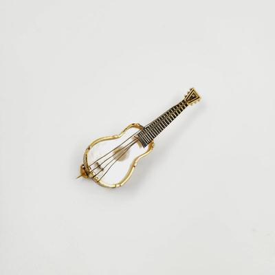 VINTAGE DAMASCENE & MOTHER OF PEARL GUITAR BROOCH MADE IN SPAIN