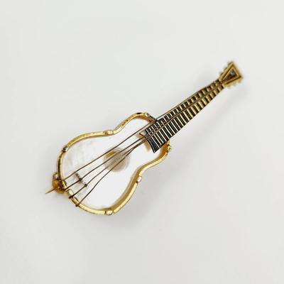 VINTAGE DAMASCENE & MOTHER OF PEARL GUITAR BROOCH MADE IN SPAIN