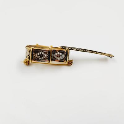 VINTAGE DAMASCENE & MOTHER OF PEARL GUITAR BROOCH MADE IN SPAIN