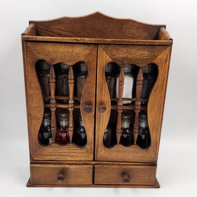 VINTAGE WOODEN SEASONING CABINET W/ GLASS SEASONING BOTTLES