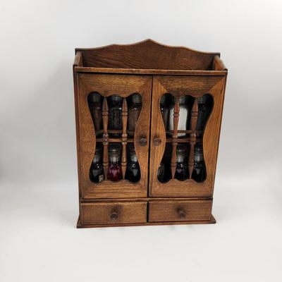 VINTAGE WOODEN SEASONING CABINET W/ GLASS SEASONING BOTTLES