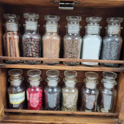 VINTAGE WOODEN SEASONING CABINET W/ GLASS SEASONING BOTTLES