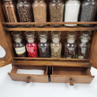 VINTAGE WOODEN SEASONING CABINET W/ GLASS SEASONING BOTTLES