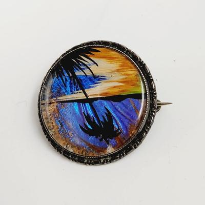 VINTAGE TLM STERLING BUTTERFLY WING BEACH SCENE PIN