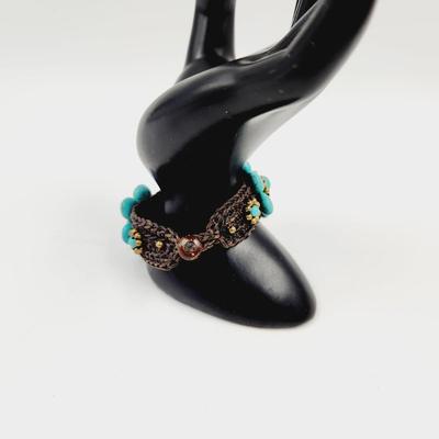 BOHEMIAN FLORAL COTTON ROPE BRAIDED FAUX TURQUOISE STONE BRACELET
