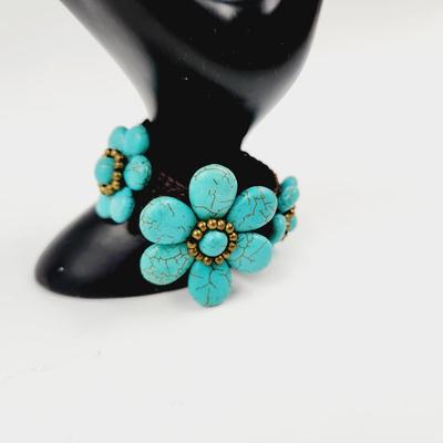 BOHEMIAN FLORAL COTTON ROPE BRAIDED FAUX TURQUOISE STONE BRACELET