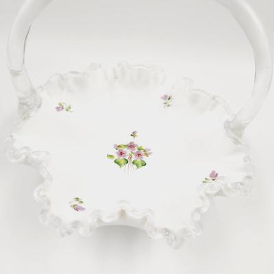VINTAGE FENTON MILK GLASS SILVER CREST "VIOLETS IN THE SNOW" HAND PAINTED BASKET