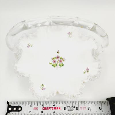 VINTAGE FENTON MILK GLASS SILVER CREST "VIOLETS IN THE SNOW" HAND PAINTED BASKET
