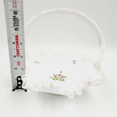 VINTAGE FENTON MILK GLASS SILVER CREST "VIOLETS IN THE SNOW" HAND PAINTED BASKET